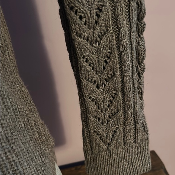 LOFT Brown Crew Neck Sweater with Cable Knit Sleeves - Picture 3 of 7